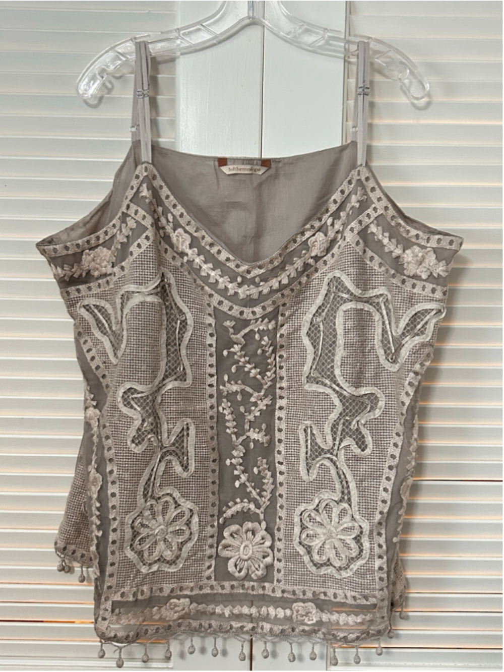 Soft Surroundings Embroidered Boho Camisole Top Sage Green Floral XL